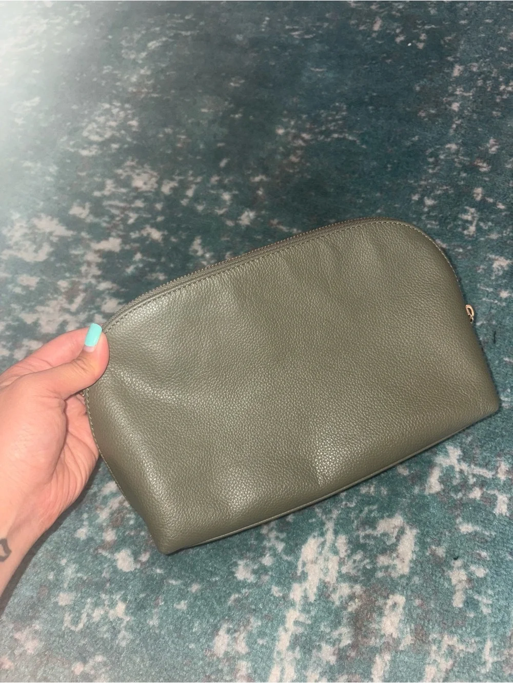 Quince Sage Olive Green Italian Genuine Leather Cosmetic Makeup Tote L Travel